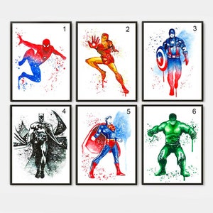 Superhero Prints, Select from 18, Superhero Posters, Superhero Wall Print Set, Avengers Home Decor, Wall Art, Watercolour Boys Room Decor