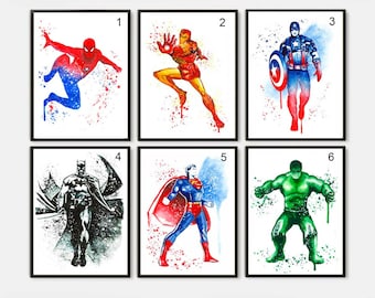 Impresiones de superhéroes, Seleccione entre 18, Pósters de superhéroes, Juego de impresión de pared de superhéroes, Decoración del hogar de los Vengadores, Arte de pared, Decoración de la habitación de los niños de acuarela