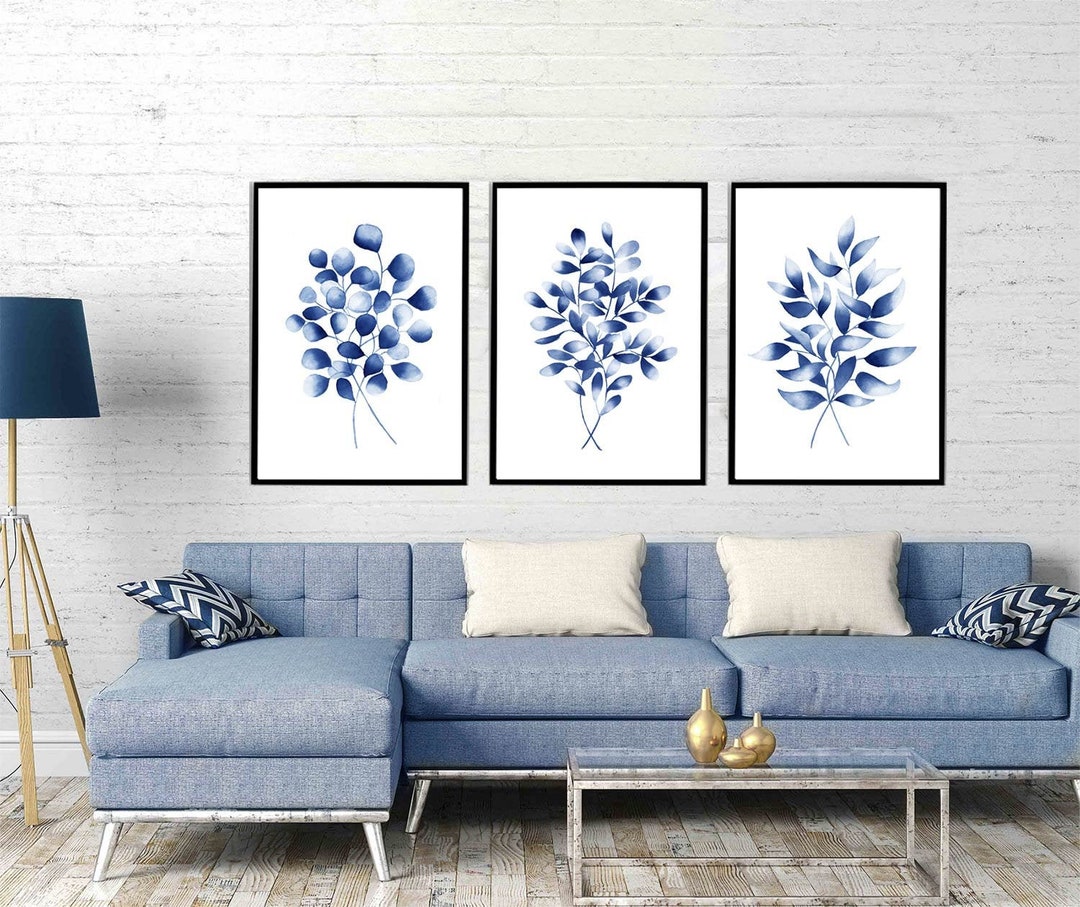 Botanical Art Blue Poster Set Large Floral Wall Art Eucalyptus Leaves ...