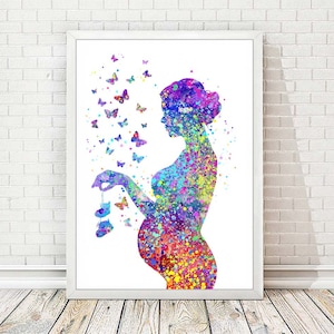 Schwangerschaft Kunstdruck Schwangere Frau Aquarell Gynäkologie Baby Shower Geschenk Baby Geburt Geschenk Schmetterlinge Poster Geburtshelfer Wand dekor A230