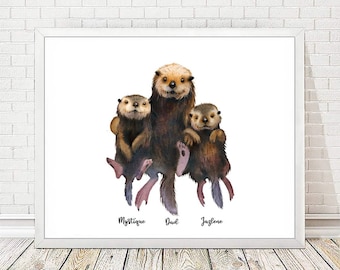 Personalised Sea Otter Family Print, Custom Names Otter Family Poster, Personalized Birthday Gift for Mum, Dad, Grandmother, Christmas Gift
