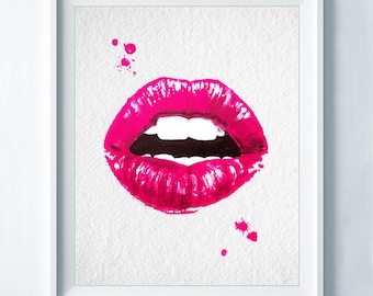 Pink Lips Watercolor Art Print Fashion Poster Makeup Pop Art Lipstick Chic Wall Art Kiss Illustration Make Up Beauty Decor Sale item A29