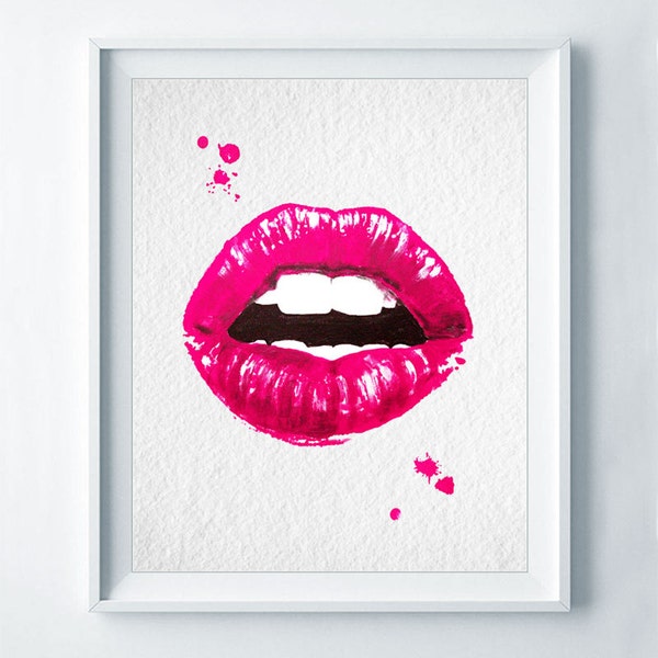 Pink Lips Watercolor Art Print Fashion Poster Makeup Pop Art Lipstick Chic Wall Art Kiss Illustration Make Up Beauty Decor Sale item A29