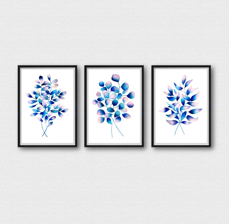 Botanical Art Blue Flower Poster Set Large Wall Art Eucalyptus Leaves ...