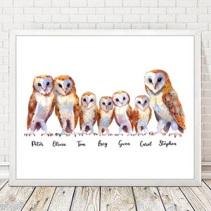May include: Watercolor painting of seven barn owls lined up in a row. Each owl has a name written below it: Peter, Olivia, Tom, Lucy, Gwen, Carol, Stephen.