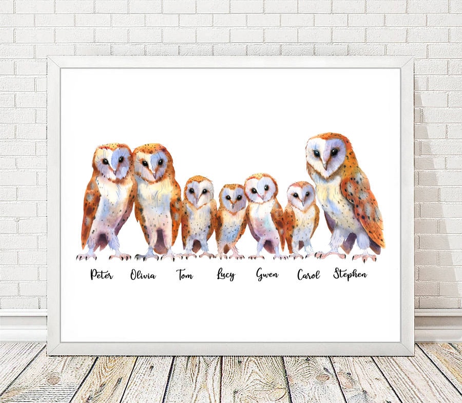 Owls Family Custom Names Print, Personalised Owls Family Poster
