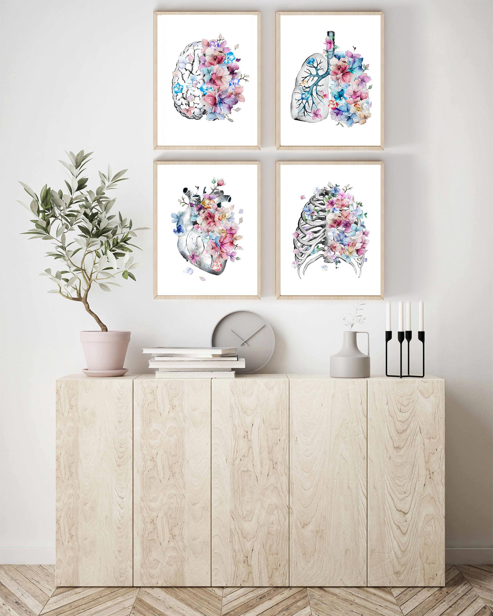 Brain Heart Lungs Rib Cage Anatomy Set of 4 Watercolor Prints Wall Art ...