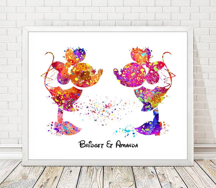 Minnie and Minnie Mouse Wedding Print Lesbian Art Custom Names Watercolor Wall Art Disney LGBT Love Poster Couple Personalized Gift A220
