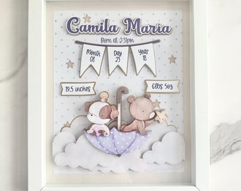 Personalisierte Baby Ankündigung Schatten Box, neue Mutter Geschenk, Baby-Dusche-Dekor, personalisierte Geburt Stats Andenken, Kinderzimmer Dekor, Baby Name Wand Kunst
