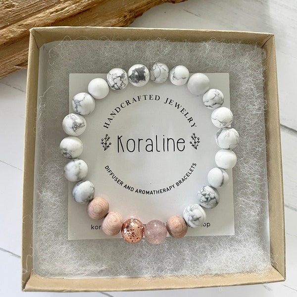 Howlite, Strawberry Quartz, Rose Gold Lava and Rosewood Diffuser Bracelet, Aromatherapy, Beaded Bracelet, essential oil diffuser bracelet,