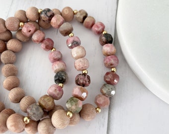 Rhodonite beaded bracelet, Gold Filled, and Rosewood Diffuser Bracelet, Valentines Day, Bridesmaid, Aromatherapy