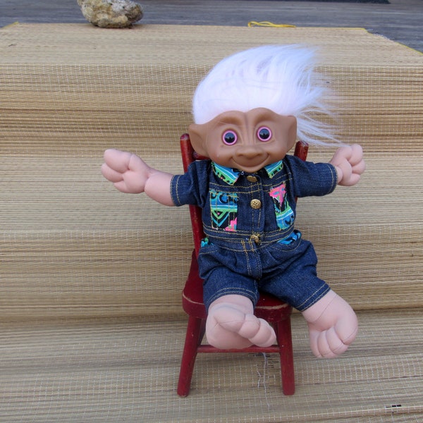 Vintage Treasure Trolls Denim Outfit, Pale Pink Hair Jewel Belly Button 1991 Pink Hair Troll Doll