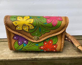 Colorful Vintage 1970's Floral Hand Tooled Leather Purse Shoulder Bag Mexico