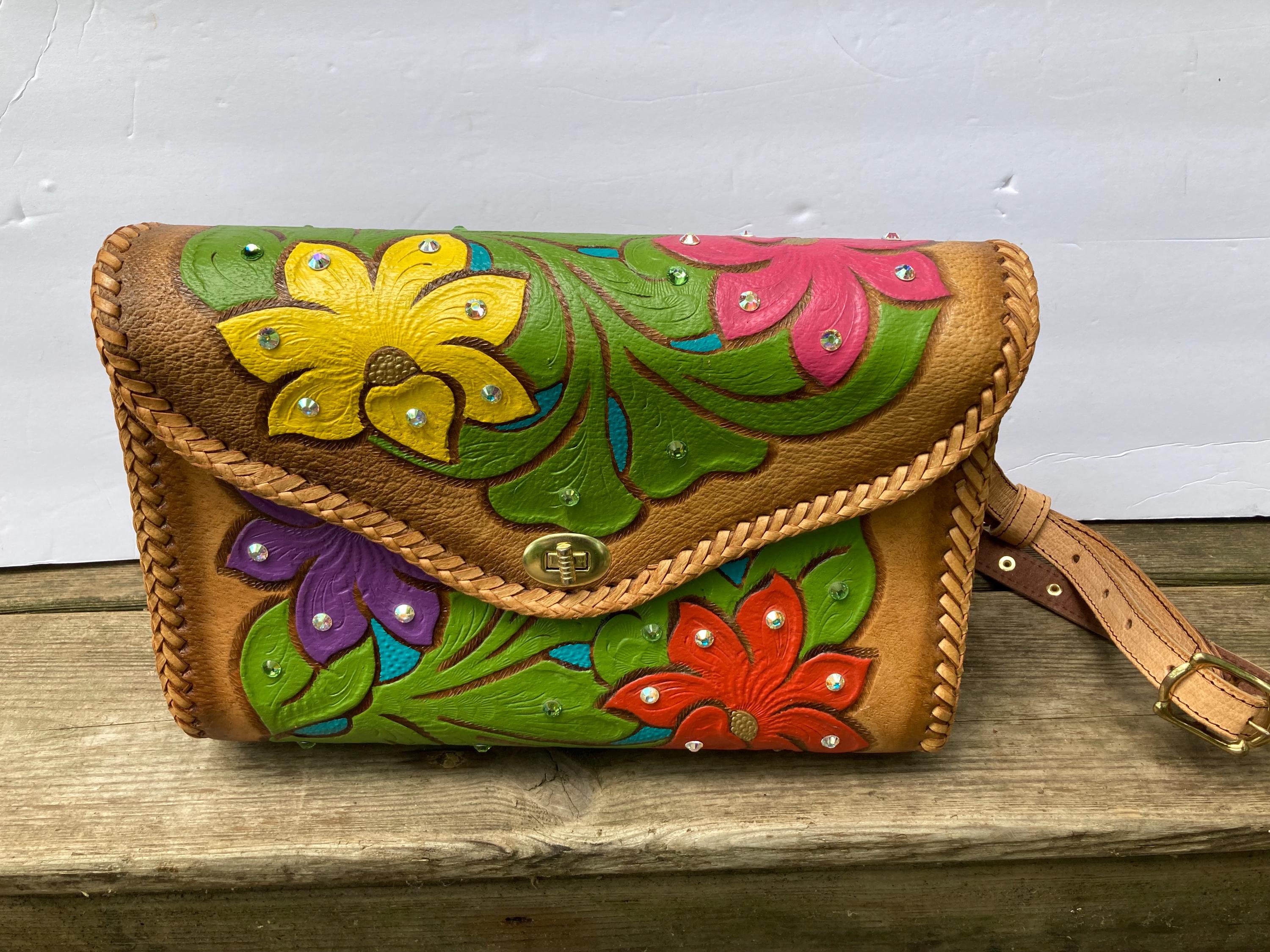 ７０Ｓ　レザーバッグ　ビンテージ　ハンドメイド 70s Floral Leather Bag - Etsy