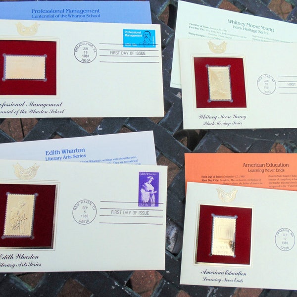 Vintage First Day Issue Stamps Black Heritage/ Literary Arts/ Education/ Wharton School / Set of Four 1980s 22kt Gold Foil