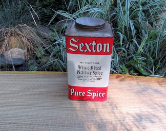 Vintage Sexton Advertising Tin, 3 Pound with Contents, Whole Mixed Pickling Spice, Farm Fresh Kitchen, Red White Cannister