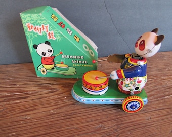 DRUMMING ANIMAL Clockwork Panda Wind-Up Tin Toy 70's No Key