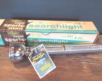 Vintage 1960's RAY-O-VAC Premium Grade Sports-man Searchlight with Original Box and Tag - Works Converts 16 3/4" to 9 3/4 Inches in Length