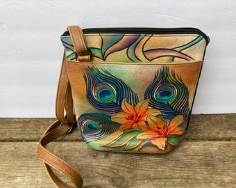 Colorful Vintage Anuschka Hand Painted Crossbody Bag Peacock Design