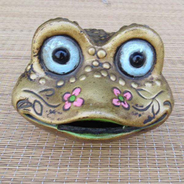 Vintage Hippy Gold, Pink Flowers, Ceramic Frog Bank, 70's Flower Power