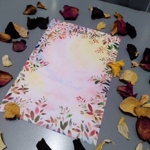 A5 Papel de agradecimiento. Juego de diez hojas. Diseño de hojas y bayas de acuarela. (Papel reciclado)