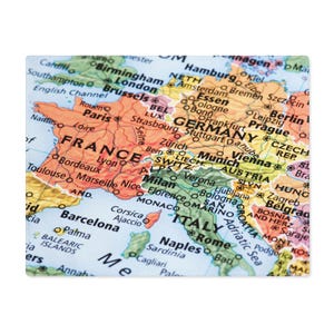 May include: A rectangular map of Europe, with a focus on France, Germany, and Italy. The map is colorful, with countries outlined in different colors and city names labeled. The English Channel and Adriatic Sea are also visible.