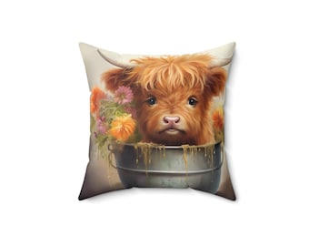 Highland Cow Pillow: Farmhouse Floral Accent Cushion
