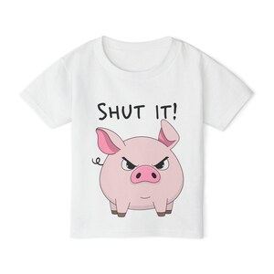 Camiseta divertida para niños pequeños: "¡Cállate!", camiseta de cerdo de dibujos animados, regalo adorable para niños, humor de cumpleaños, reuniones familiares, amantes de los cerdos.