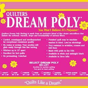 May include: Quilters Dream Poly batting is a polyester batting that mimics the feel of natural fibers. It is carded, crosslapped, and needlepunched for consistent quality. It is available in three lofts: Mid, High, and Low. The batting is available in various sizes, including Craft (46 x 36 inches), Crib (60 x 46 inches), Throw (60 x 60 inches), Twin (93 x 72 inches), Double (90 x 93 inches), Queen (108 x 93 inches), Super Queen (121 x 93 inches), and King (122 x 120 inches). The text "Quilts Like a Dream" is printed at the bottom of the image.