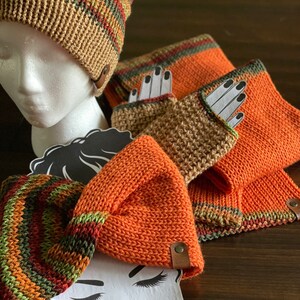 Knit & Crochet set- hat, scarf, ear warmer, fingerless gloves!