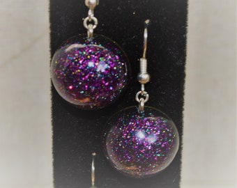 Black and Purple Holographic Glitter Resin Drop Earrings, Resin Jewelry, Resin Earrings