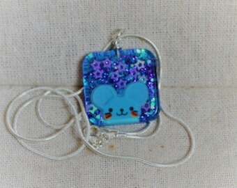 Bright Blue Mouse with Stars Resin Pendant, Resin Necklace, Jewelry