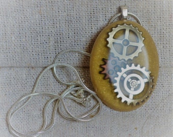 Steampunk Gold Gears Necklace, Resin Jewelry