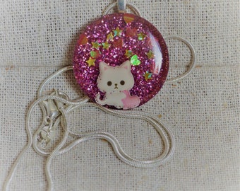 White Kitten, Hearts and Stars, Pink Necklace, Resin Pendant, Jewelry