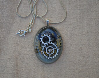 Steampunk Gears Necklace, Silver, Resin Jewelry