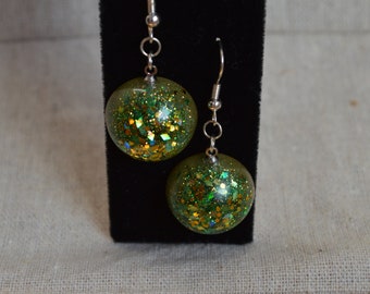 Vibrant Green and Gold Resin Drop Earrings, Glitter Resin Jewelry, Resin Earrings