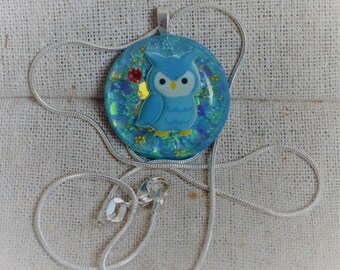 Kawaii Blue Owl and Pink Gem Necklace, Resin Jewelry