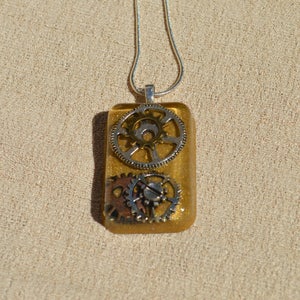 Steampunk Gear Gold Necklace, Resin Jewelry