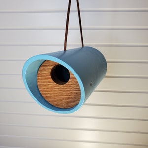 Modern aqua hanging round tube birdhouse solid oak upcycle