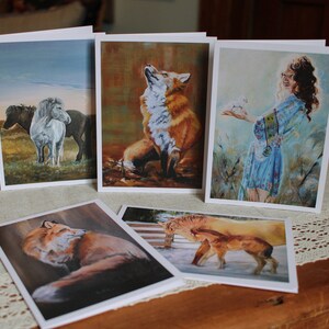Cartes de souhaits de cheval, cartes d'art 5x7" peintures de vie de cheval et de renards, paquet de 5