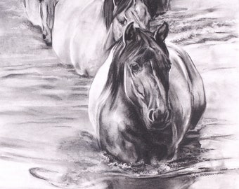 Equine art print: “The Crossing" unframed fine art print, charcoal drawing