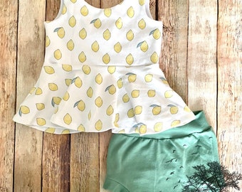 Lemon peplum and sage green bummies outfit set- sweet summer baby toddler kids lemonade stand outfit