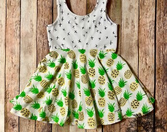 Pineapple sweet one black and white cross hatch sweet twirly dress- toddler and girls circle skirt-