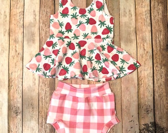 summer strawberries peplum and pink gingham bummies outfit set