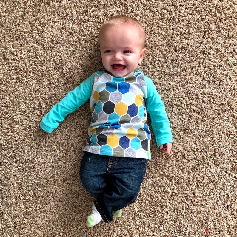 Blue green teal yellow pastel stripes raglan baseball t-shirt handsewn boys outfit
