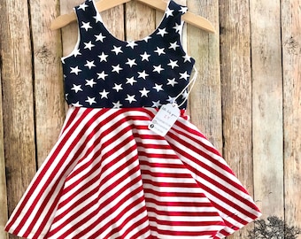 4th of July twirly dress red white and blue stars and stripes toddler and girls circle skirt dress