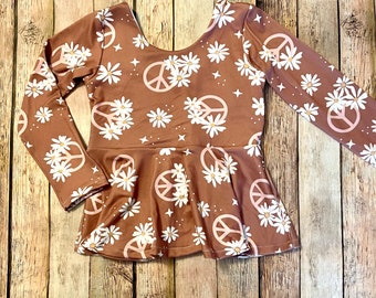 Peace sign boho peplum long sleeve baby toddler children's skirted ruffle shirt- brown with pink dbps top