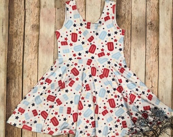 4th of July popsicle twirly dress red white and blue toddler and girls circle skirt dress