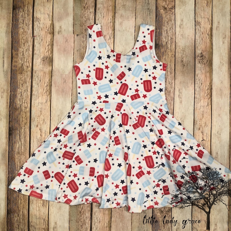 4th of July popsicle twirly dress red white and blue toddler and girls circle skirt dress 