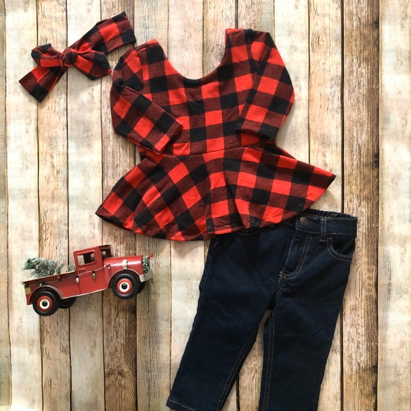 buffalo plaid print peplum top- 3/4 sleeve baby toddler children's skirted ruffle shirt- red and black plaid